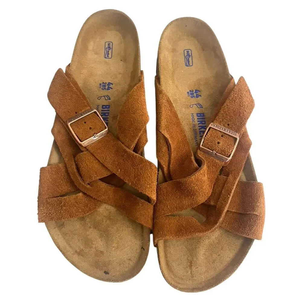Birkenstock Men's Lugano Soft Footbed Sandals Brown Suede Copper Buckle Sz 11 M